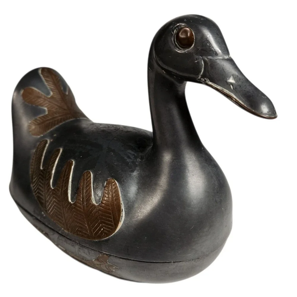 Vintage Pewter & Brass Duck Trinket Box Lidded Container Hong Kong MCM